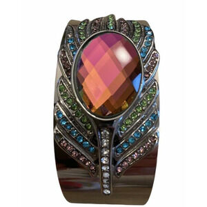 Tennis Racket Cuff Bracelet Iridescent Pink Stone with Multicolor Rhinestones